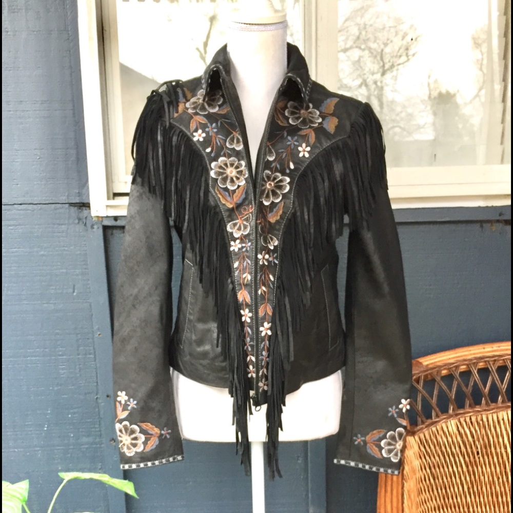 Suede Scully Floral Fringe Jacket, Size Small